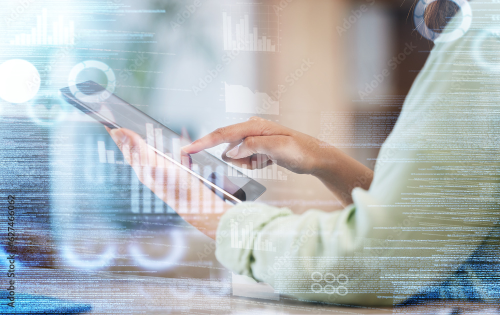Poster Hands of woman, dashboard and overlay of data analytics, tablet and research in stock market business management. Future technology, hologram with graphs and charts, trader with digital information.