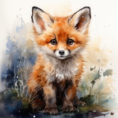Watercolor cute fox in the grass. AI generative.