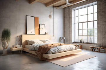 Interior of luxury suit, modern bedroom of a hotel or apartment, stylish design with beautiful city view. AI Generative