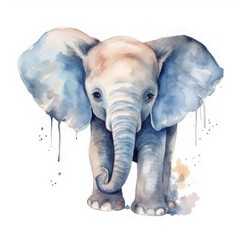 Watercolor cute elephant isolated on white background. AI generative.