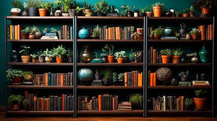 Naklejka na ściany i meble Nature-Themed Bookshelf Featuring New Naturalism Book Collection. Generative AI.