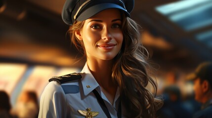 A female pilot in a blue suit. Female ship captain