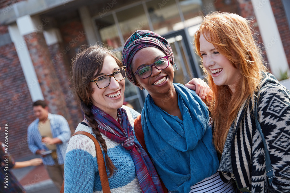 Poster friends make student life all the more fun. portrait of a group of university students on campus.