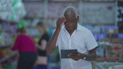 Confused senior man using tablet device inside small business store. One older Black man scratching forehead while staring at screen, engaged with modern technology