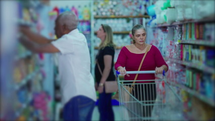 Customer shopping at grocery store isle. Diverse people searching for products on display in shelf