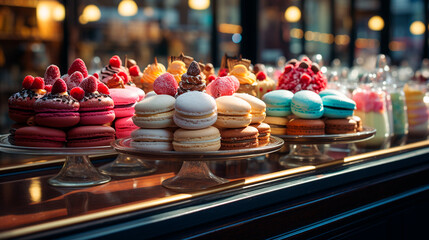 Mouthwatering Macarons on Display at a Boulangerie. Generative AI.