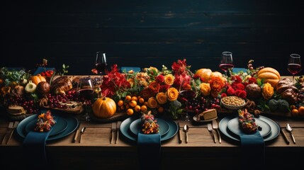A wooden table topped with plates of food. Thanksgiving season decor, copy-space, place for text.