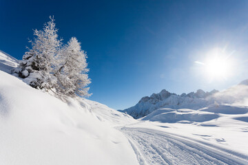Fototapeta na wymiar Snowy alpine landscape. Italian alps winter panorama