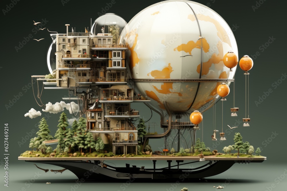 Poster a model of a building with a balloon in the air. abstract futuristic image.