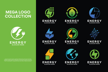 Collection of solar energy logo design with lightning. environmentally friendly solar energy