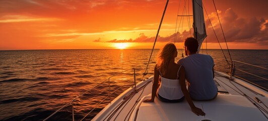 Panorama of a young couple at leisure sailing on the ocean, relaxing on a luxury yacht, watching the sunset on the horizon. Generative Ai