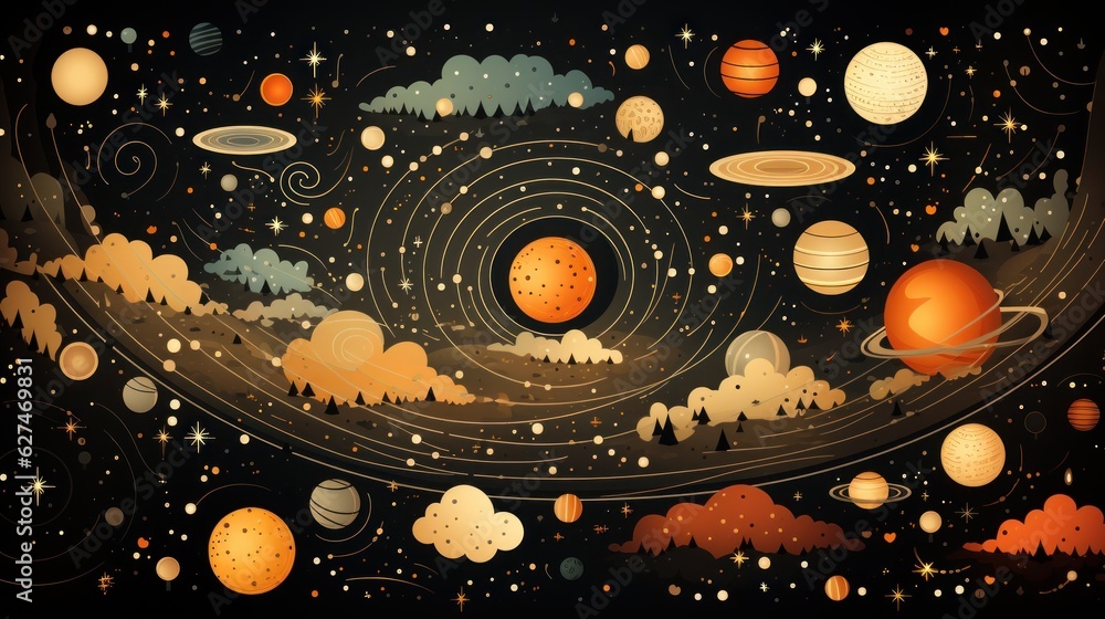 Poster background with space, planets. elements of children's patterns, wallpapers. generative ai
