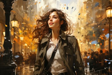 Fototapeta premium A painting of a woman walking down a street. Digital image. Romantic European town on a rainy day in Autumn.