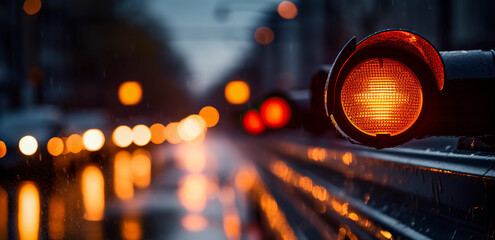 warning lamp in the street at night. Red alert lamp or warning indicator, digital ai