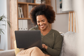 African woman, laptop and remote work in home, living room and download media subscription. Happy...