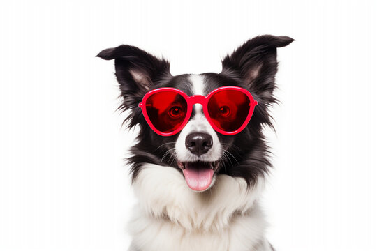 St. Valentine's Day concept. Funny portrait cute puppy dog border collie with a heart shaped sunglases. High quality photo