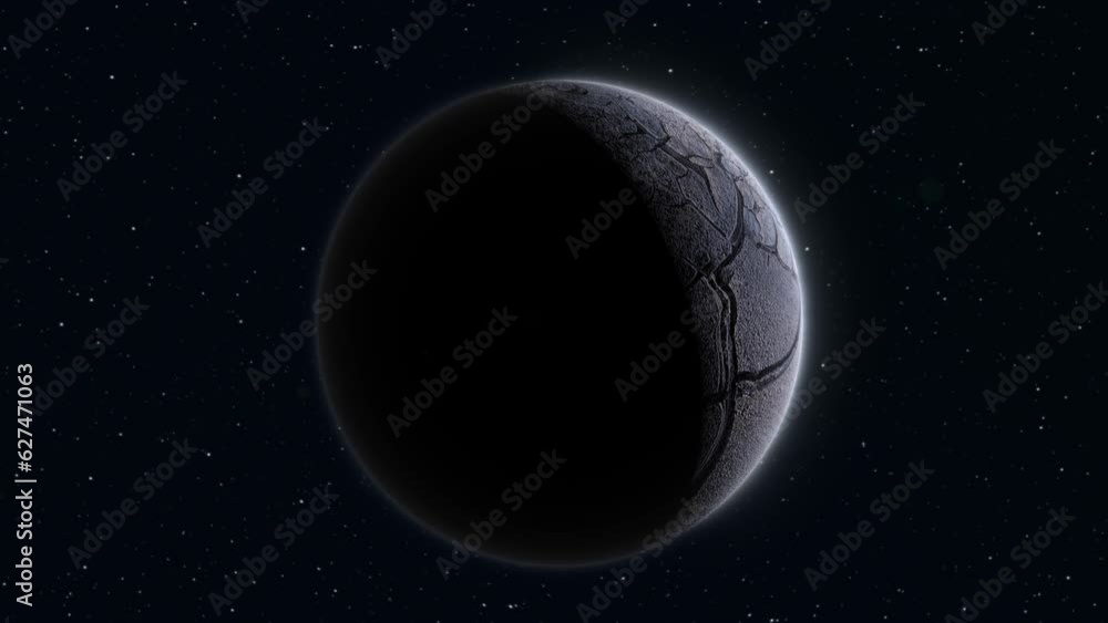 Poster abstract realistic space planet round sphere with a stone relief surface in space against the backgr