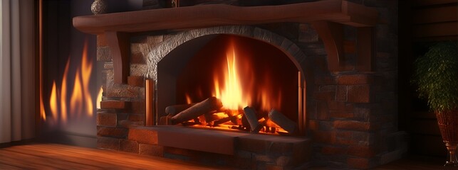 Burning firewood in fire-box of fireplace in country cottage. Generative AI, Generative, AI