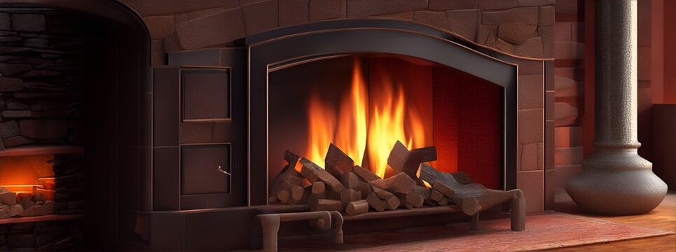 Burning firewood in fire-box of fireplace in country cottage. Generative AI, Generative, AI