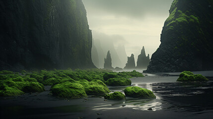 Black sand beach with mossy rocks and foggy cliffs.