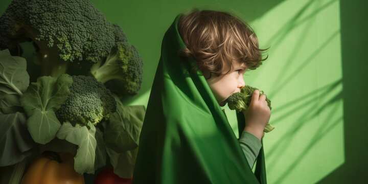 Superhero Veggie Power, Young Child in Green Costume Holds Broccoli on Light Green Background, Veggi, vegetarian, health