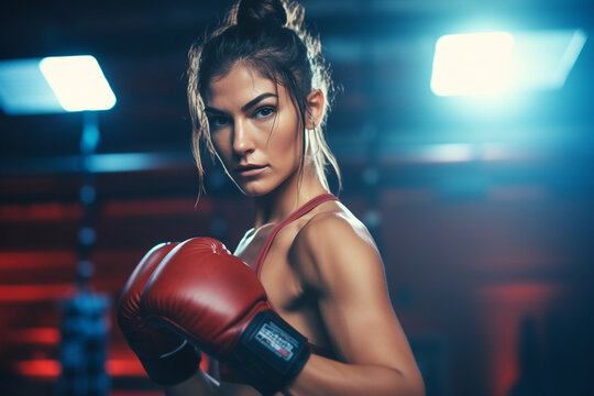 Portrait of a young woman with boxing gloves. Sporty fit femaly self care and defense training. High quality photo
