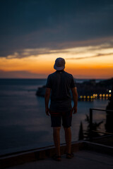 Fototapeta premium Beautiful male model on the streets of Dubrovnik. Amzing golden sunset.