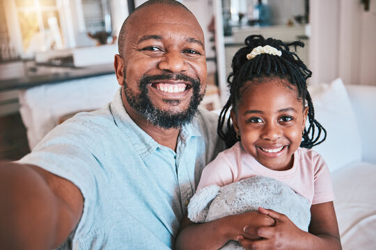 Grandfather, selfie and portrait of black kid in home living room, bond and relax together. African grandpa, happy and face of girl child with family care, love or smile for profile picture in house
