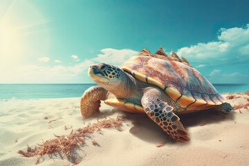 Obraz premium turtle on the beach, sea in background