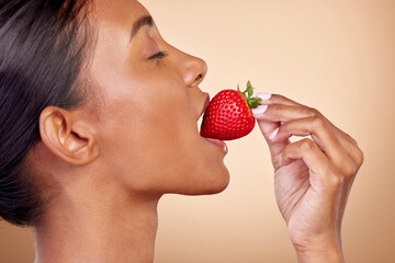 Eating, strawberry and profile of woman for skincare with natural beauty or benefits from healthy...