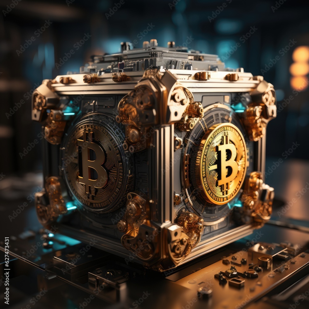 Poster a metal block with a bitcoin on top of it. concept for cyber security to protect cryptocurrency.