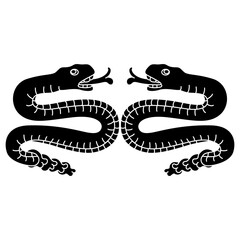 Symmetrical animal design with two rattle snakes from Aztec codex. Native American art of ancient Mexico. Black and white negative silhouette.