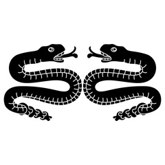 Symmetrical animal design with two rattle snakes from Aztec codex. Native American art of ancient Mexico. Black and white negative silhouette.