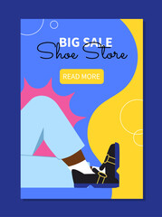Banner for shoes store concept. Man in black boots. Big discounts and sales, promotions. Aesthetics, trend and elegance. Cartoon flat vector illustration isolated on blue background