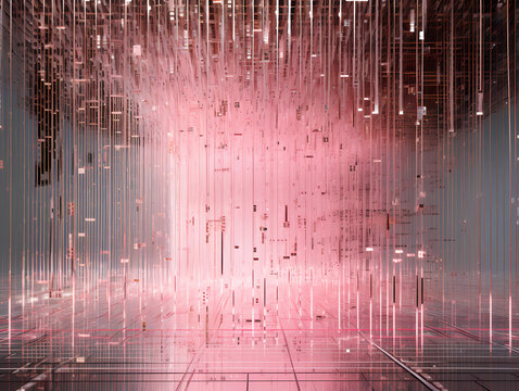 Computer binary code re-envisioned in futuristic style, string thin metallic elements covering the entire frame in subtle pink hues