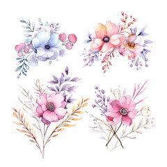 Fototapeta na wymiar Watercolor Fairy Floral Arrangements: Delicate Clipart in Soft Pastel Colors