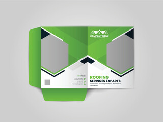 Roofing Service Presentation folder design for files, Roof repair, worker replacing gray tiles or shingles on house, Roofing - construction worker standing on a roof covering it with tiles.