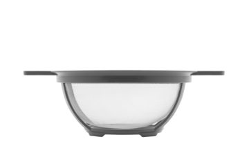 White plastic cooking colander or strainer with handles on trabsparent background