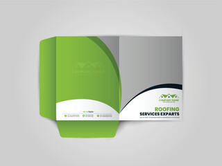 Roofing Service Presentation folder design for files, Roof repair, worker replacing gray tiles or shingles on house, Roofing - construction worker standing on a roof covering it with tiles.