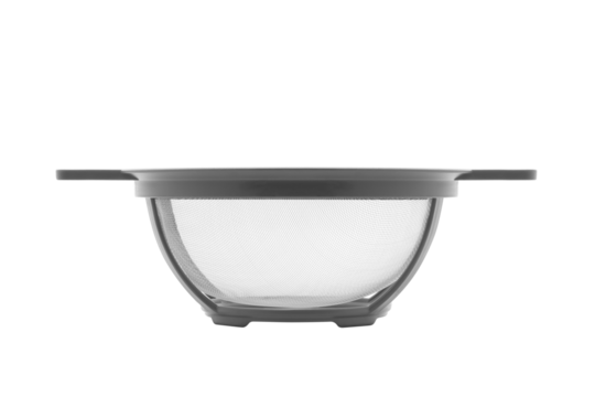 White plastic cooking colander or strainer with handles on trabsparent background