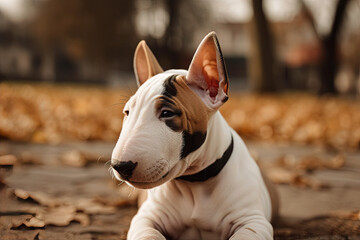Fototapeta na wymiar Miniature bull terrier puppy sitting outdoors at autumn