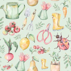 Watercolor seamless pattern garden set.  Hand drawn illustration.