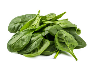 Pile of fresh green baby spinach leaves isolated on white background. Close up