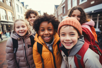 Fototapeta premium Portrait of a group of children going back to school . Child wearing a backpack ready for the first day of kindergarten
