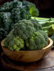 Fresh green broccoli on a dark brown background