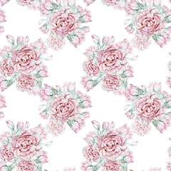 Poster Watercolor seamless pattern with peony-tulips. Hand drawn illustrations © Mariia