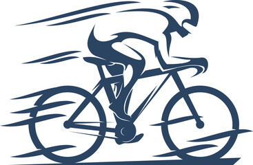 Cycling sport icon, bike racer silhouette of bicycle and cyclist, vector symbol. Road bicycle race club or mountain bike cycling badge of biker rider in speed motion for triathlon athletics racing - obrazy, fototapety, plakaty
