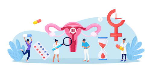 Menopause and gynecology. Women climacteric. Woman consulting with doctor about reproductive health problems. Patient treating with hormone replacement therapy. Pause button, hourglass, female organ