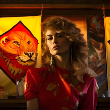 portrait of a woman against the backdrop of a painting of a lioness