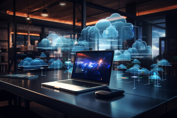 Online, cloud storage, contact, computing, tablet, phone home devices with online. linking computer to cloud with server, connection. Devices connected to storage in the data center.
